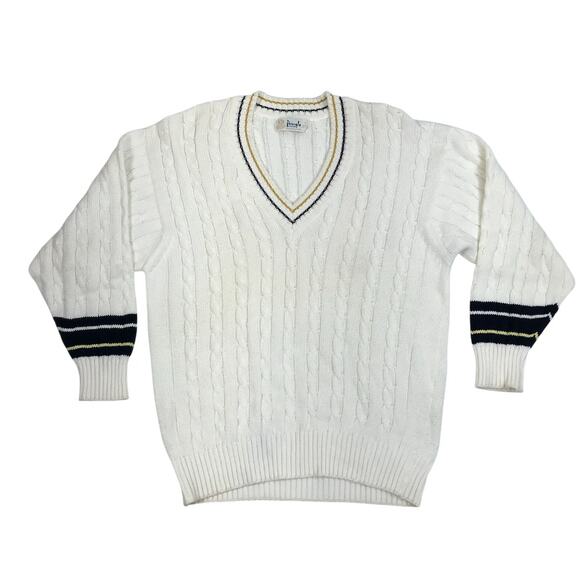 PRINGLE Of Scotland V-Neck Fisherman Sweater Sz S Ivory Golf Tennis Timeless EUC - Picture 2 of 9